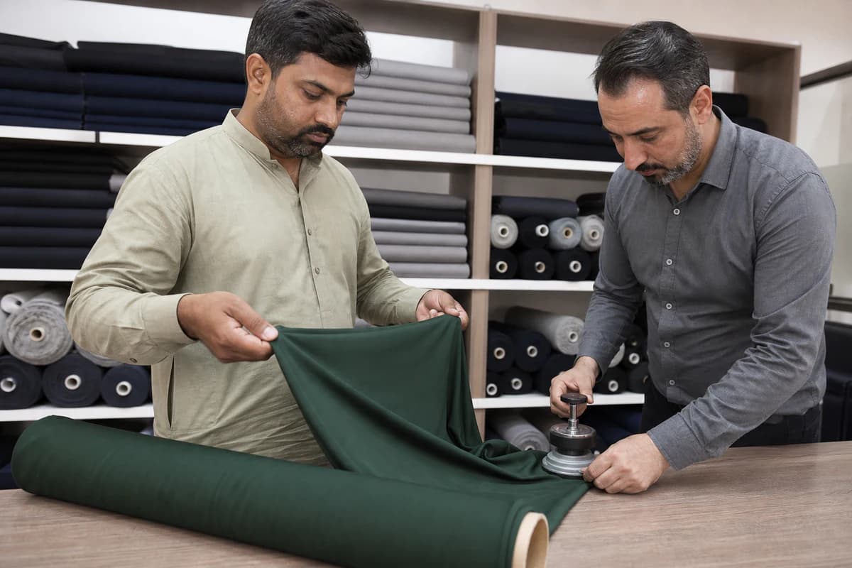 Textile specialists checking performance fabric stretch and weight