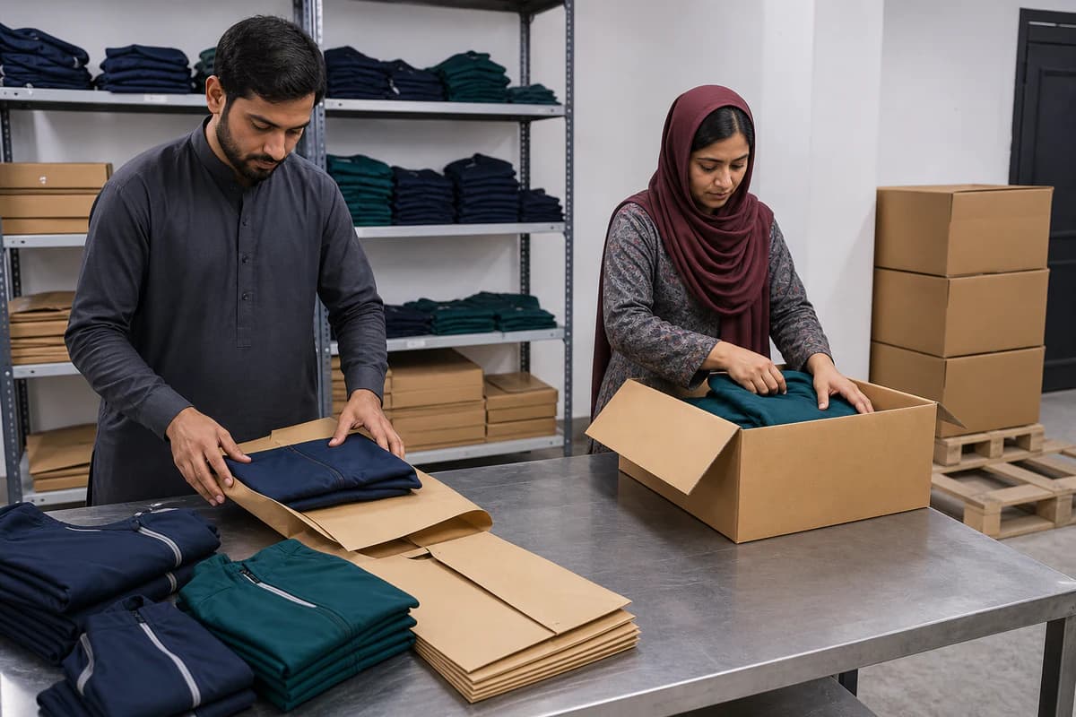 GenXport packing team preparing branded activewear for export