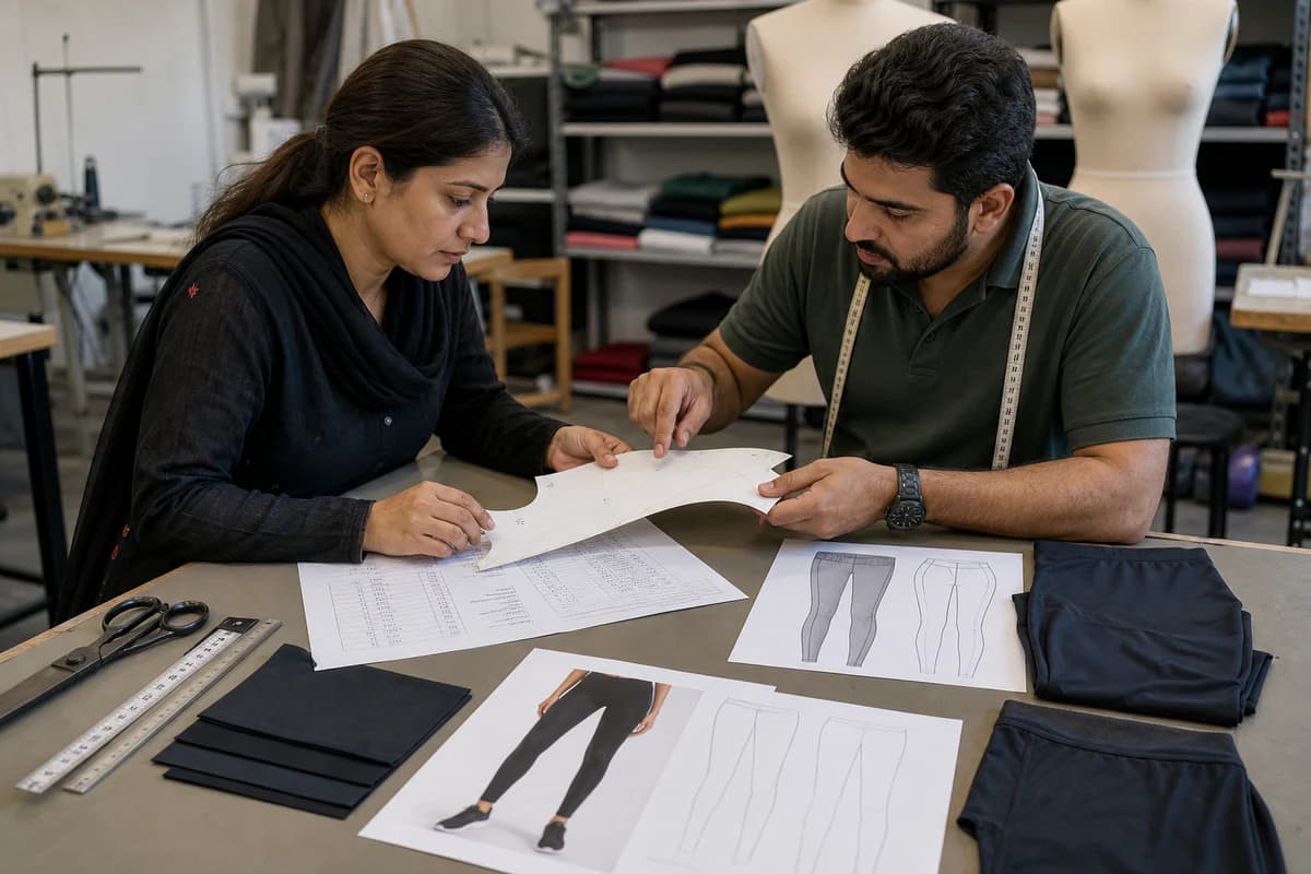 GenXport product developers reviewing a men's activewear specification and pattern