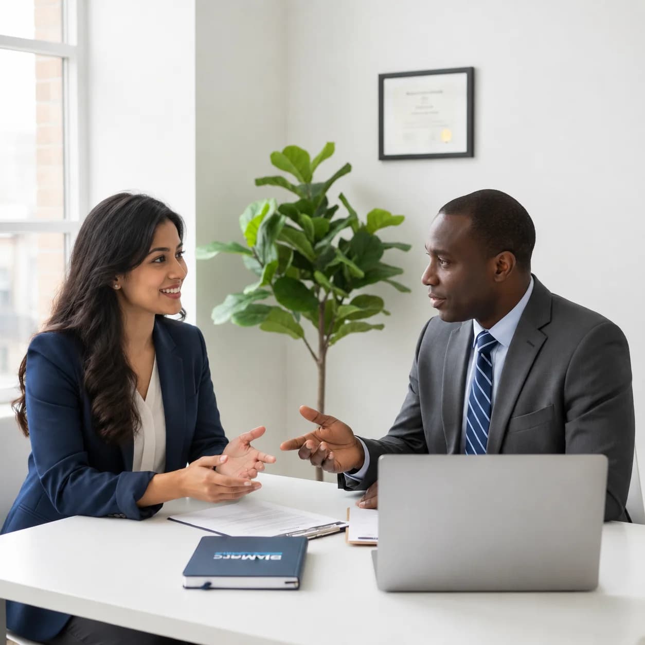 Two professionals discussing a project with a laptop and notes