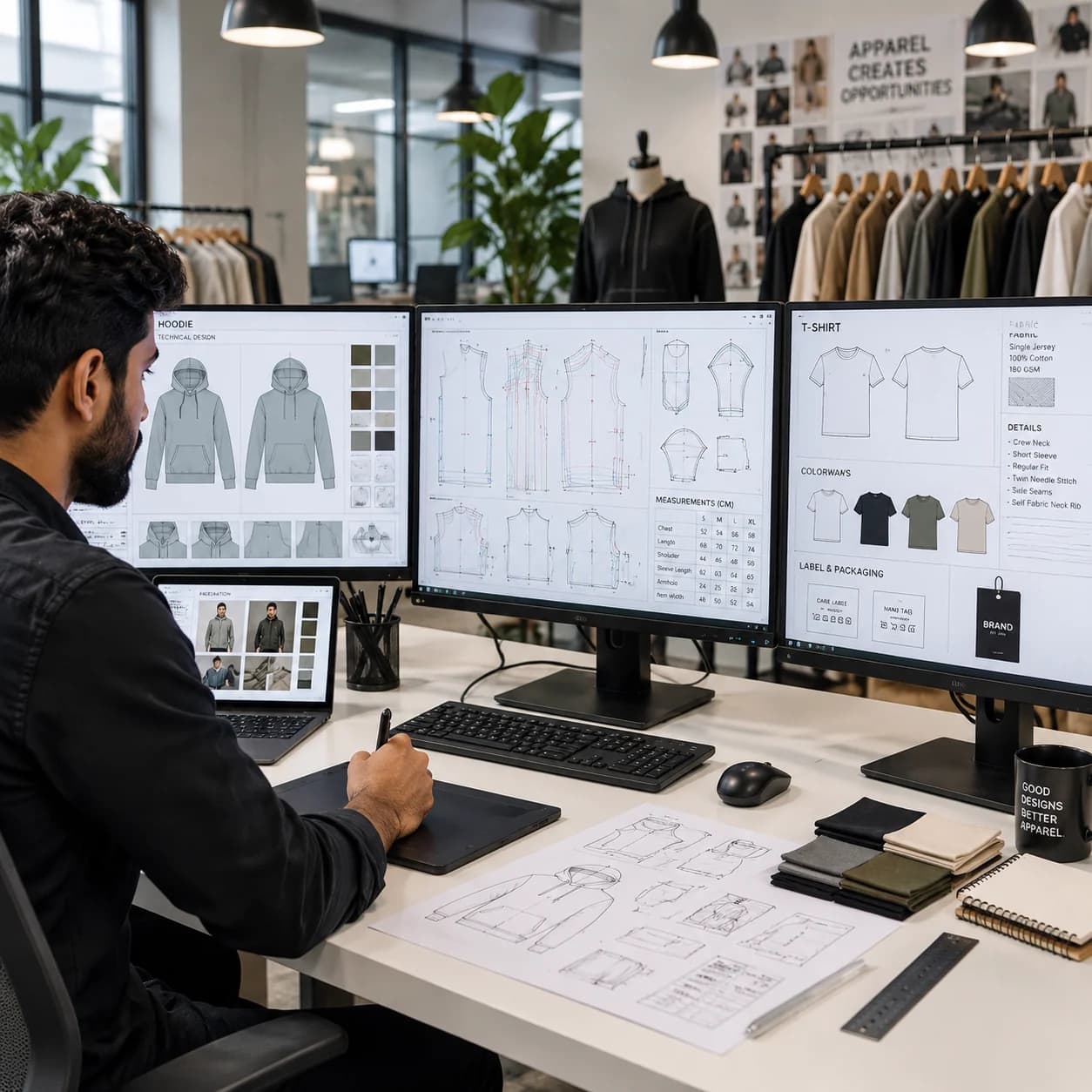 Apparel design work with garment tech packs and measurements on screen