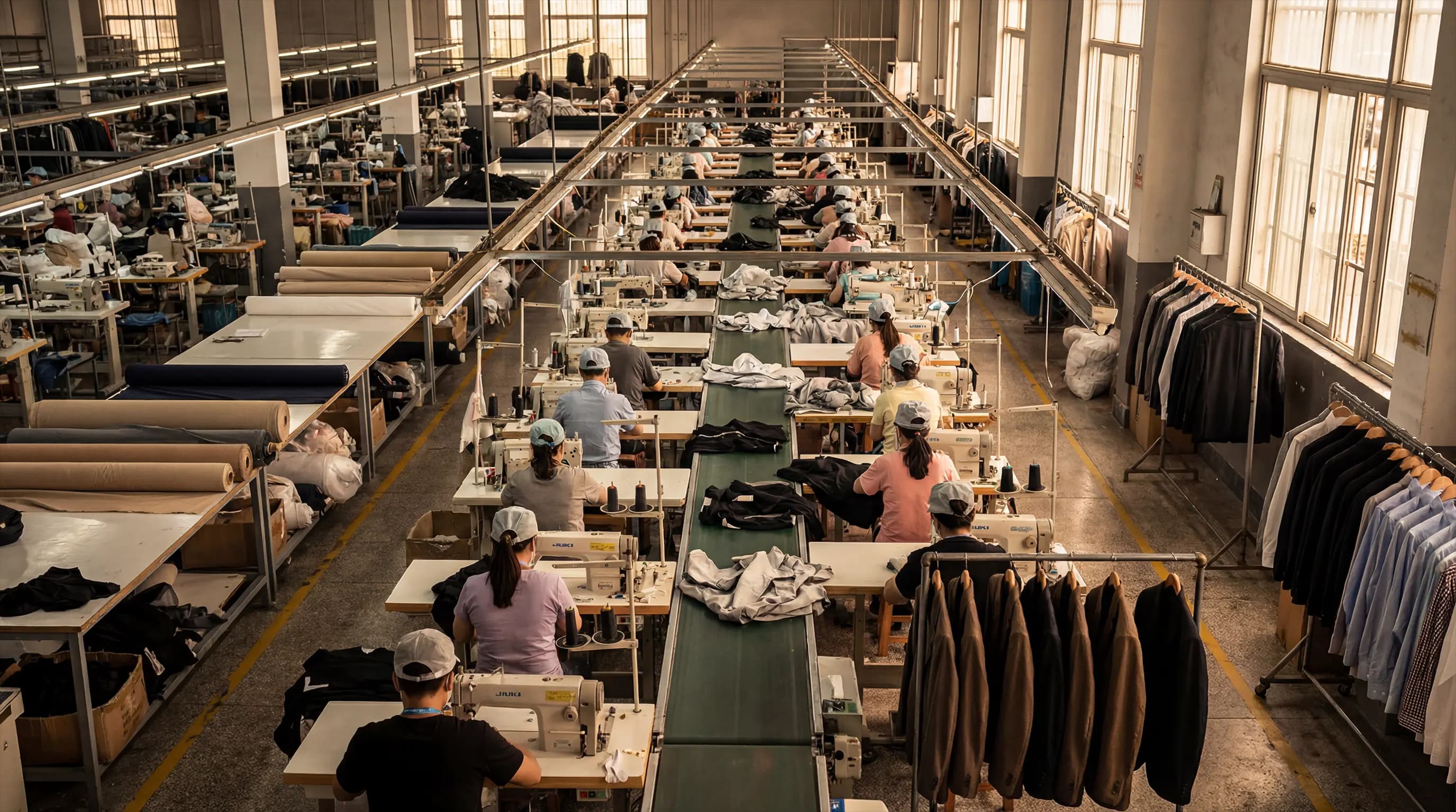 Factory production line building garments to a supplied specification
