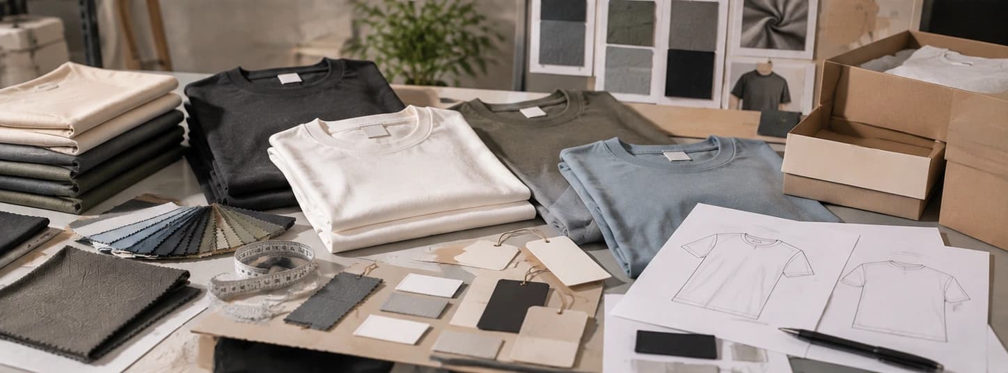 Swatch fans, tech-pack sketches and custom boxes around branded tees