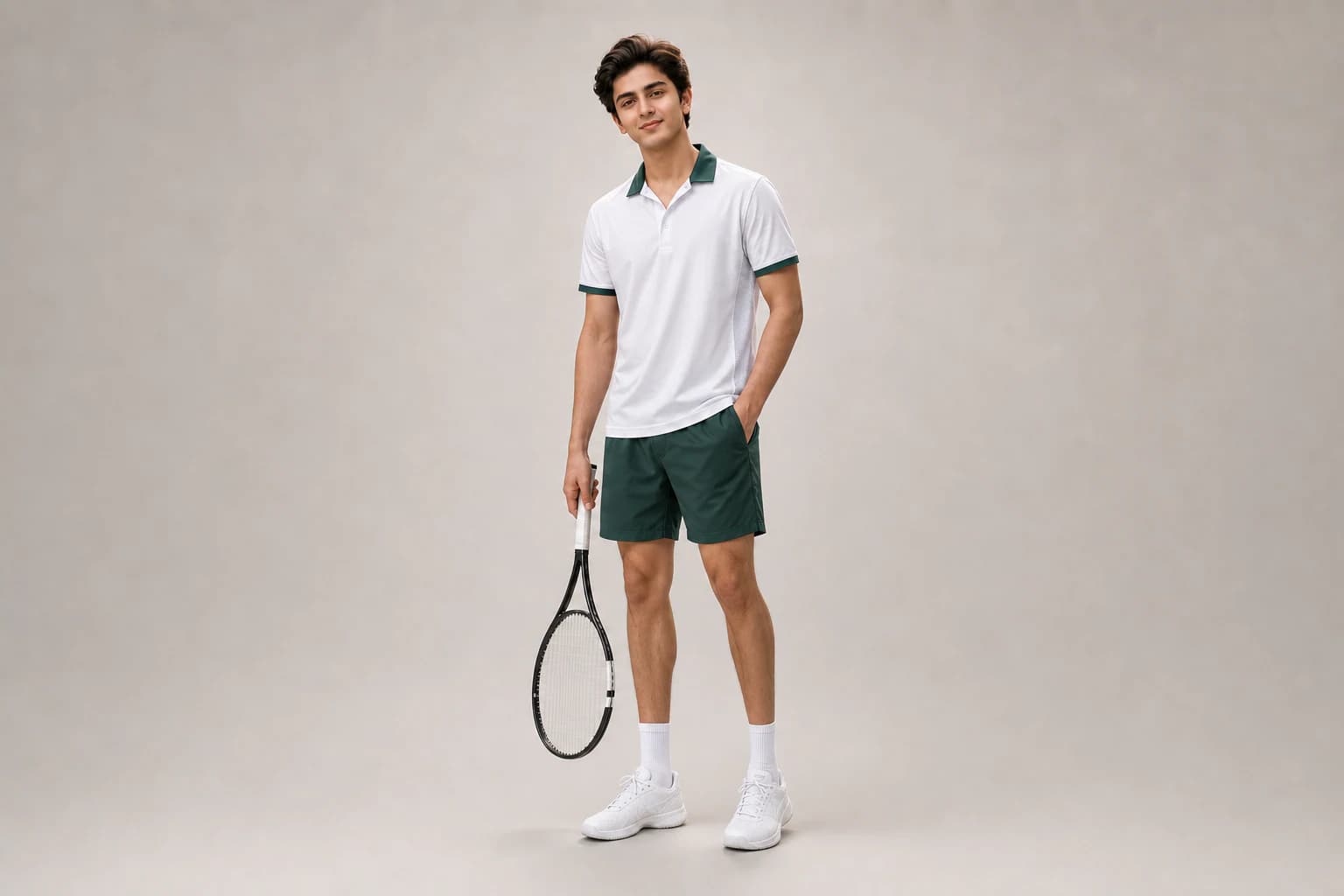 Model in a men's polo set offered across an extended size range