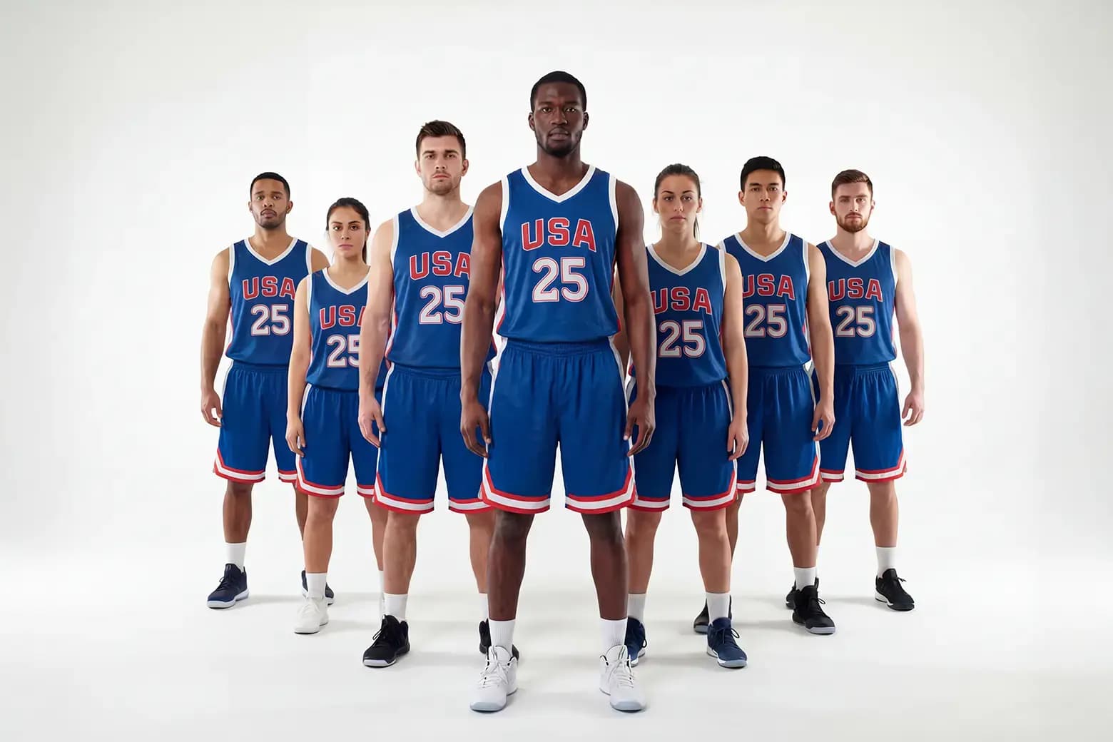 Team in matching kits sized consistently across players