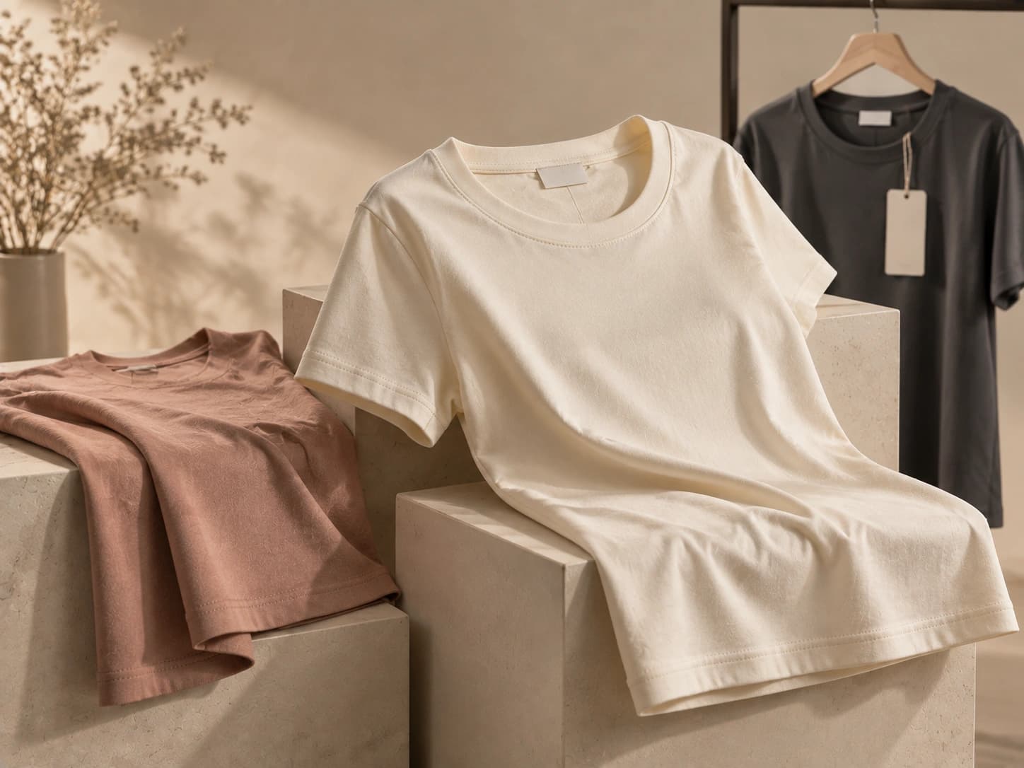 A small set of stock tee colourways styled on plinths