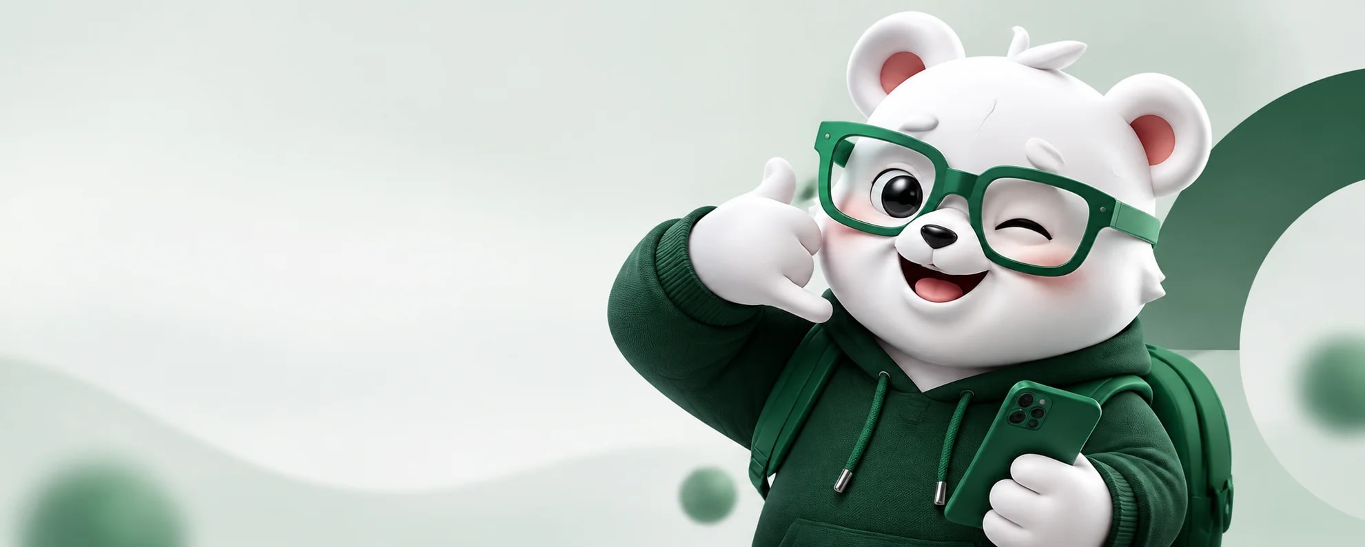 White bear mascot in green glasses and a hoodie, holding a phone and making a call-me gesture