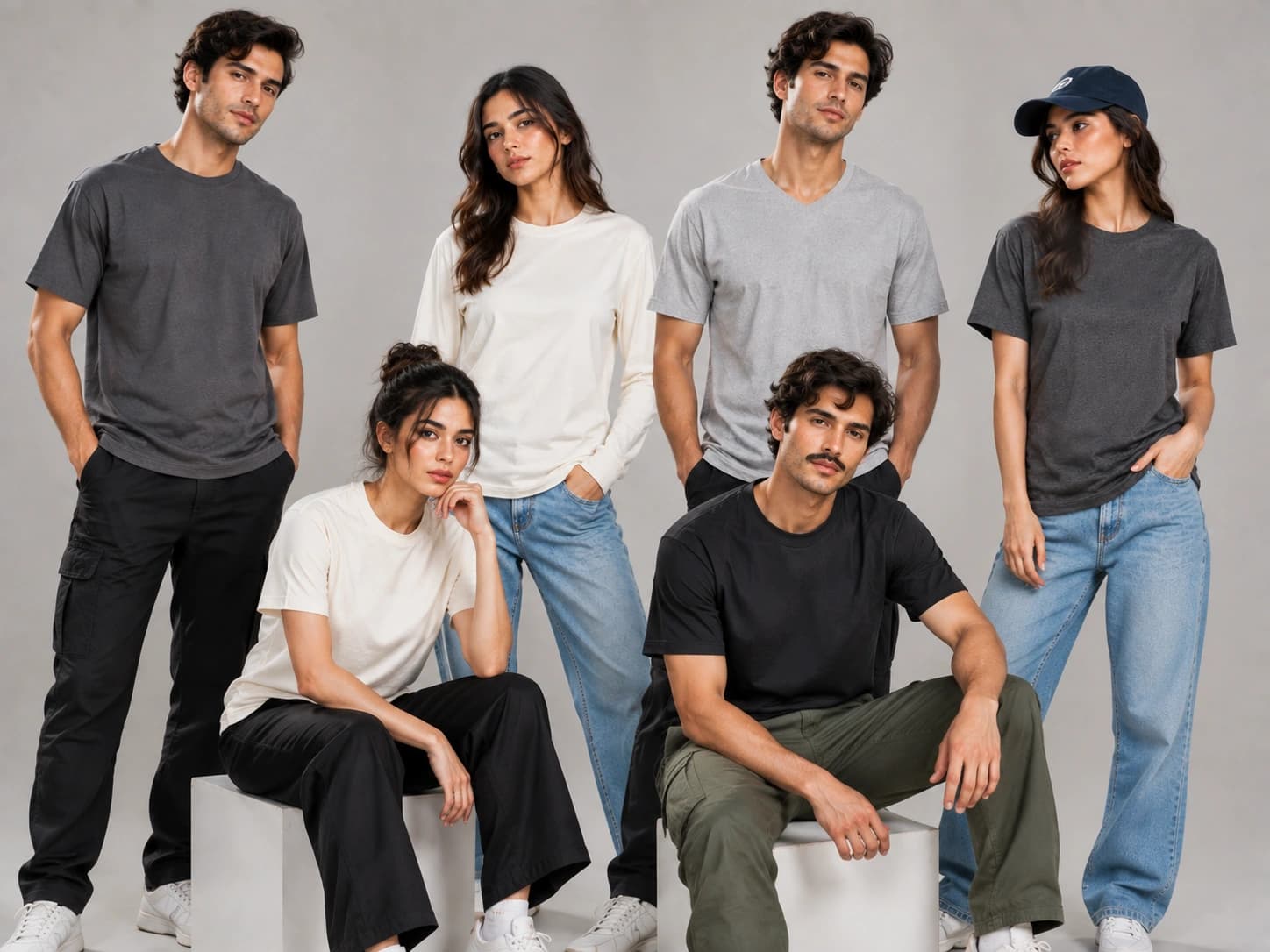 Six models wearing the blank tee range in cotton, cream, grey and black