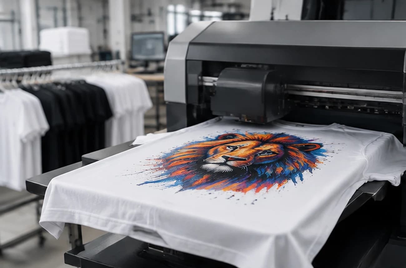 DTG printer laying full-colour artwork onto a white cotton blank