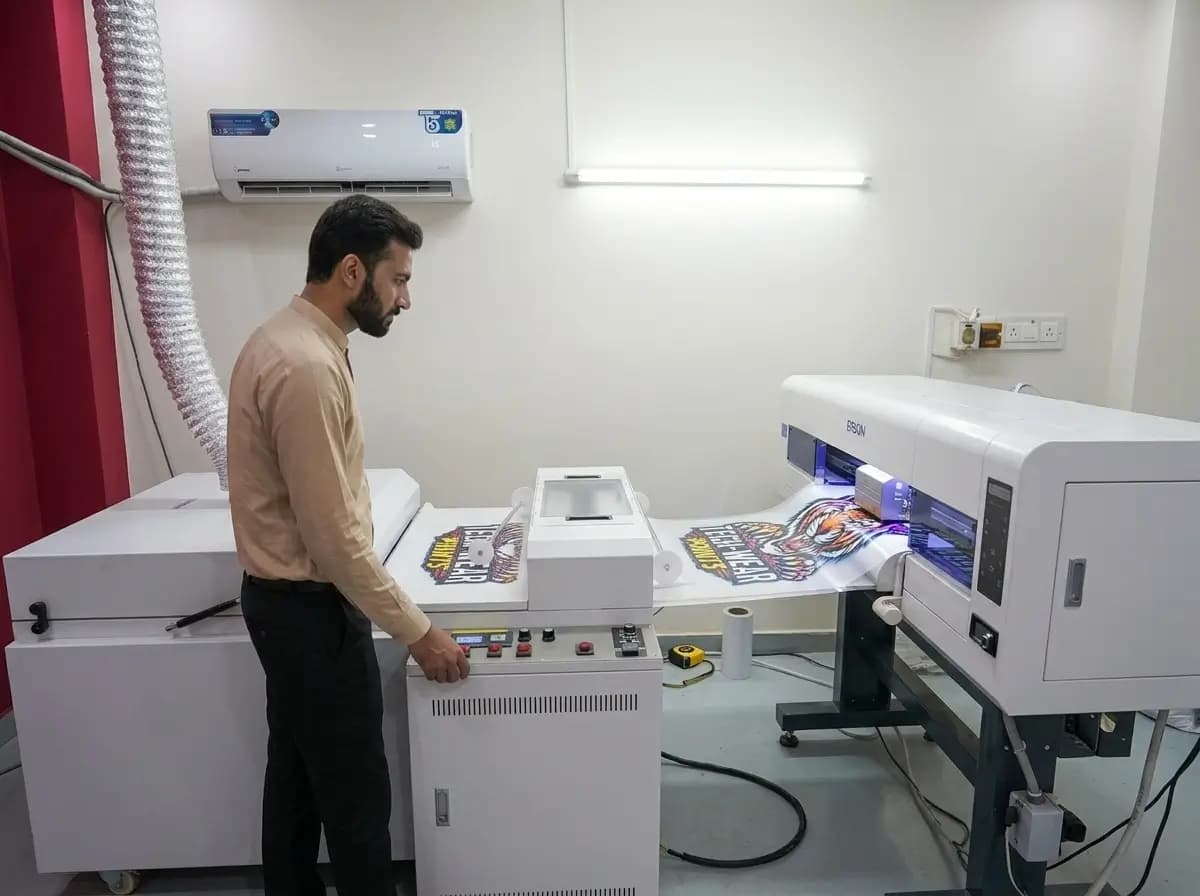 Commercial DTF printing on industrial machines producing bulk direct-to-film transfers