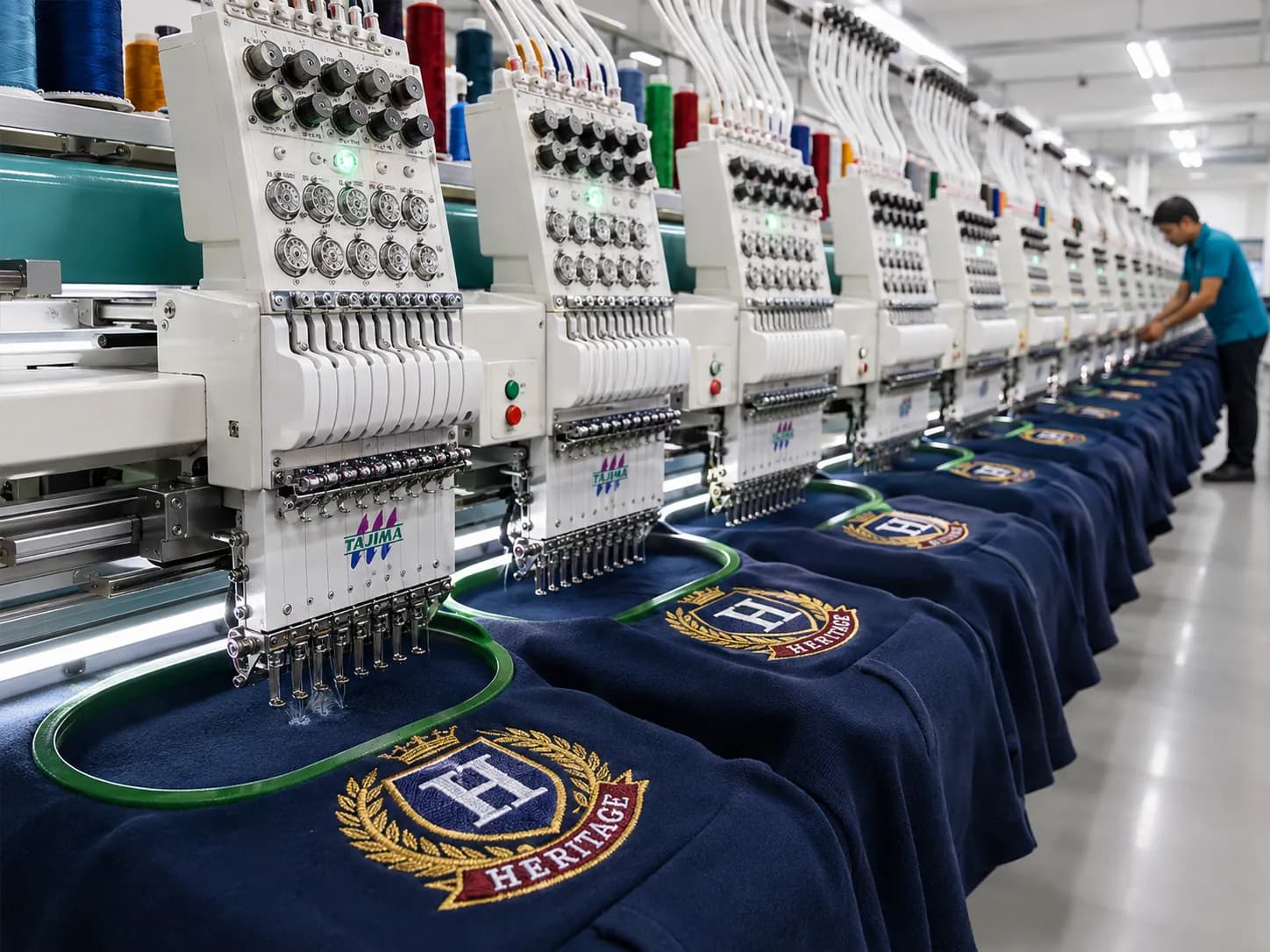 Custom embroidery production partner running multi-head embroidery machines for bulk white-label orders