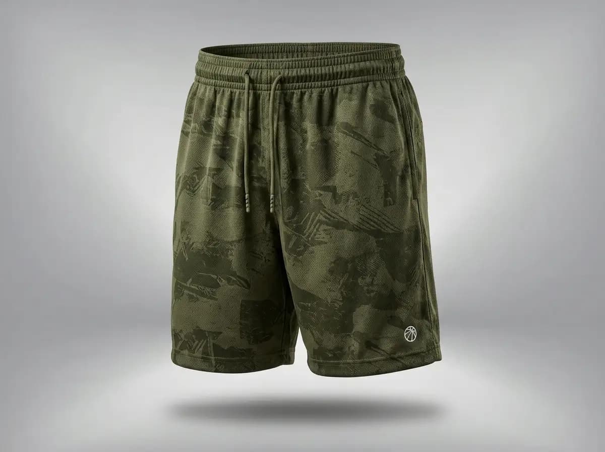 Fully custom OEM gym shorts with an all-over pattern made from a tech pack