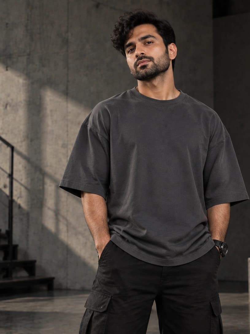 Charcoal heavyweight oversized tee with a boxy drape