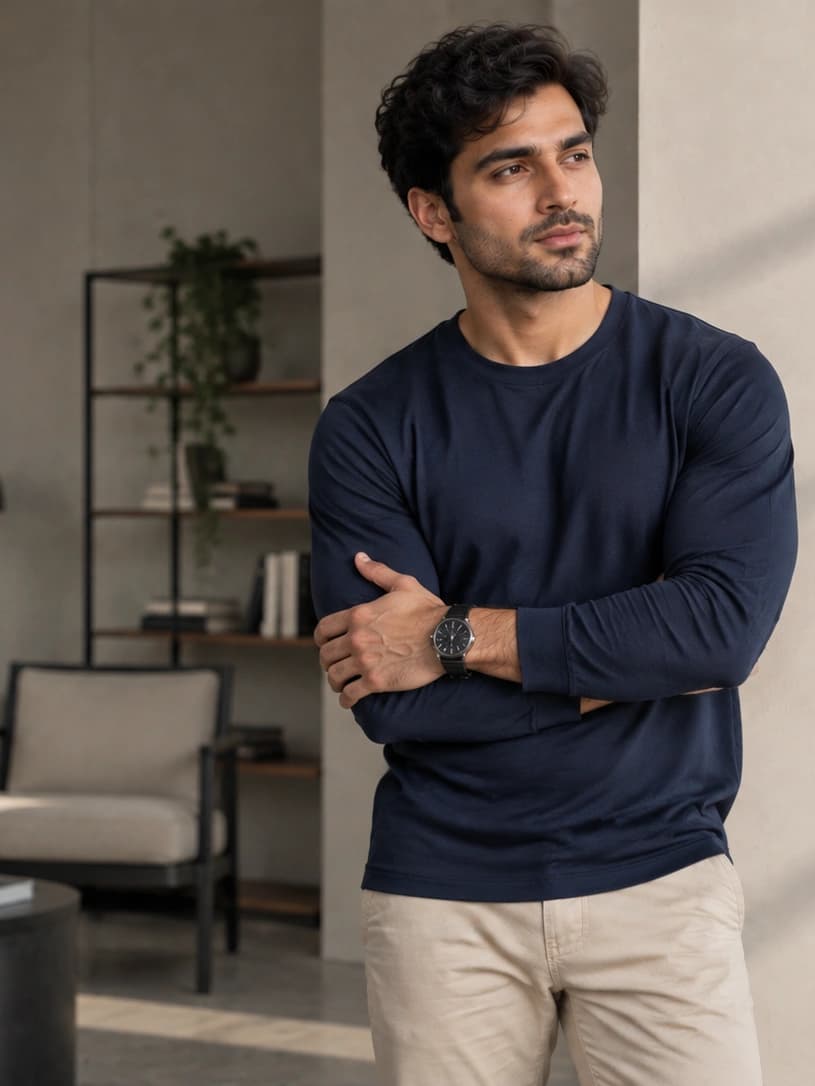 Navy long sleeve crew tee for layering and cooler seasons