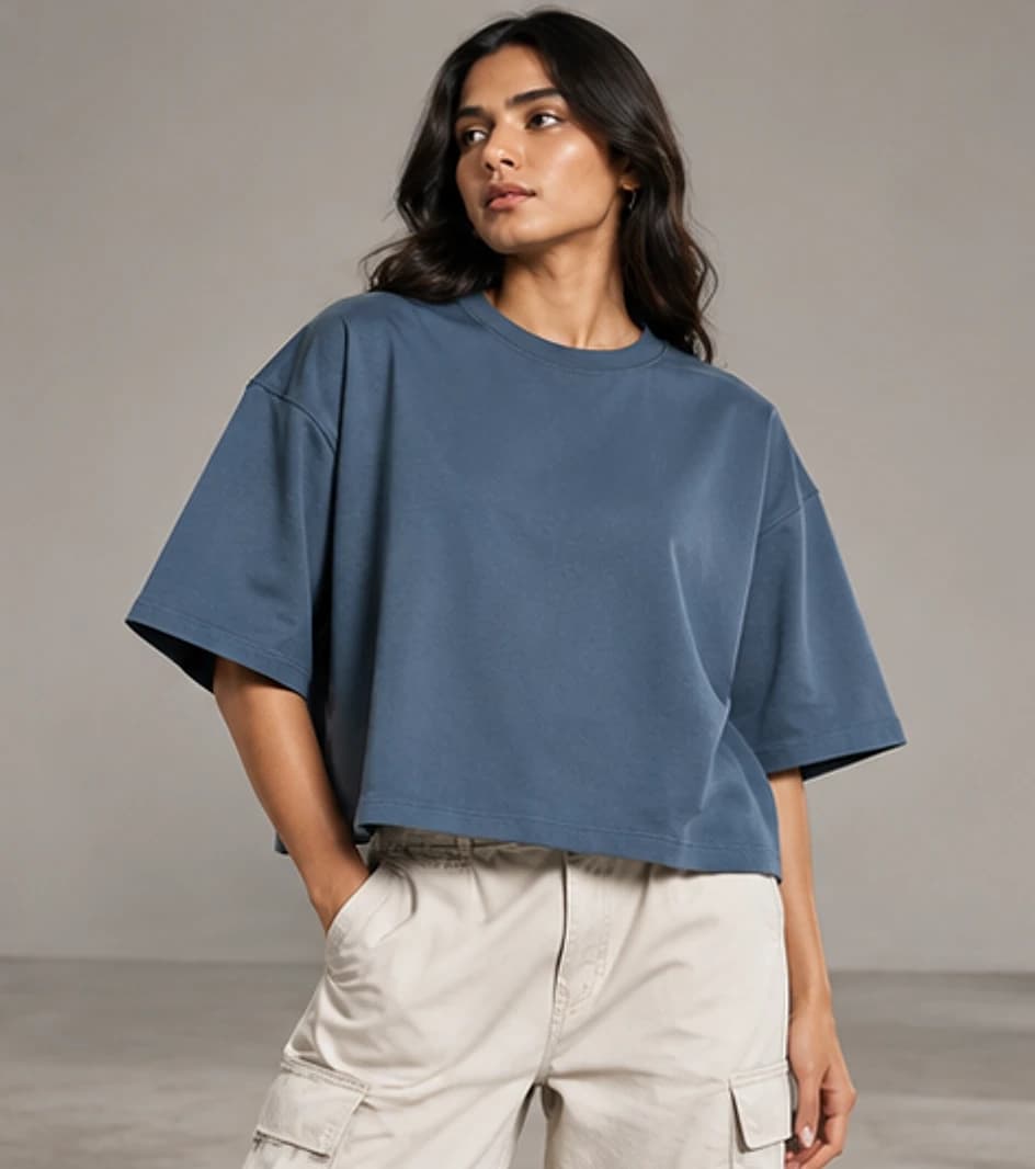 Boxy-fit oversized tee with a wide, short body cut on model