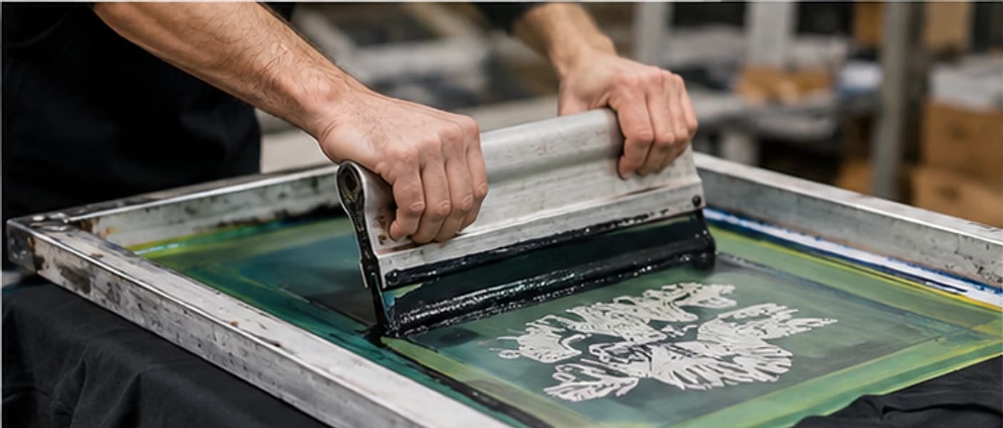 Squeegee pulling ink through a screen onto a cotton t-shirt
