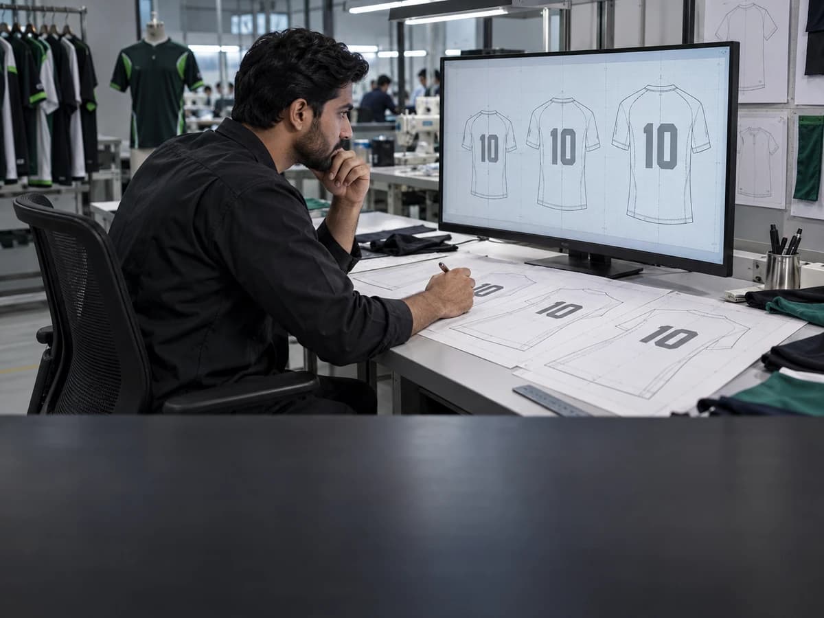 CAD mockup showing name and number placement graded across jersey sizes