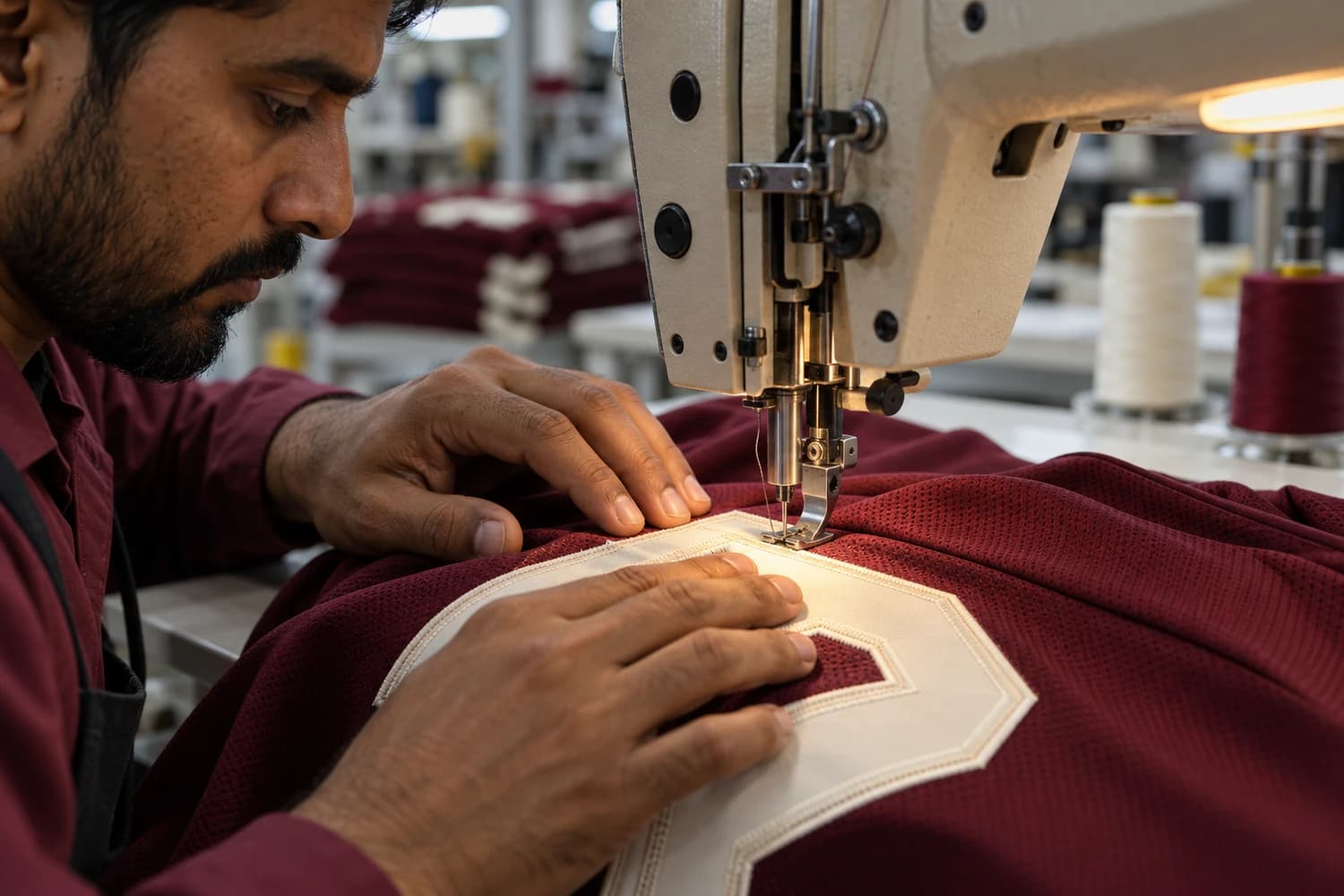 Tackle twill number being stitched onto a team jersey