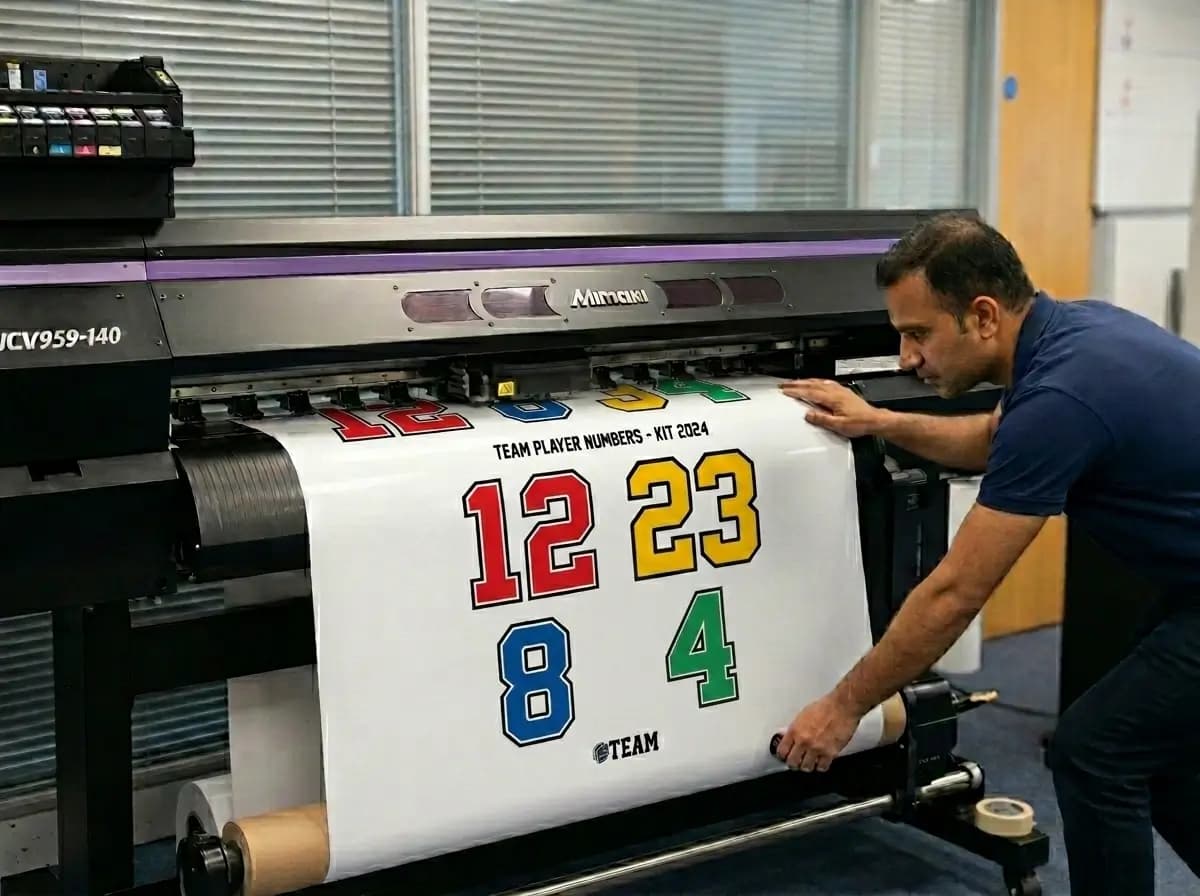 What are vinyl printing services shown as heat-pressed vinyl names and numbers applied to team uniforms