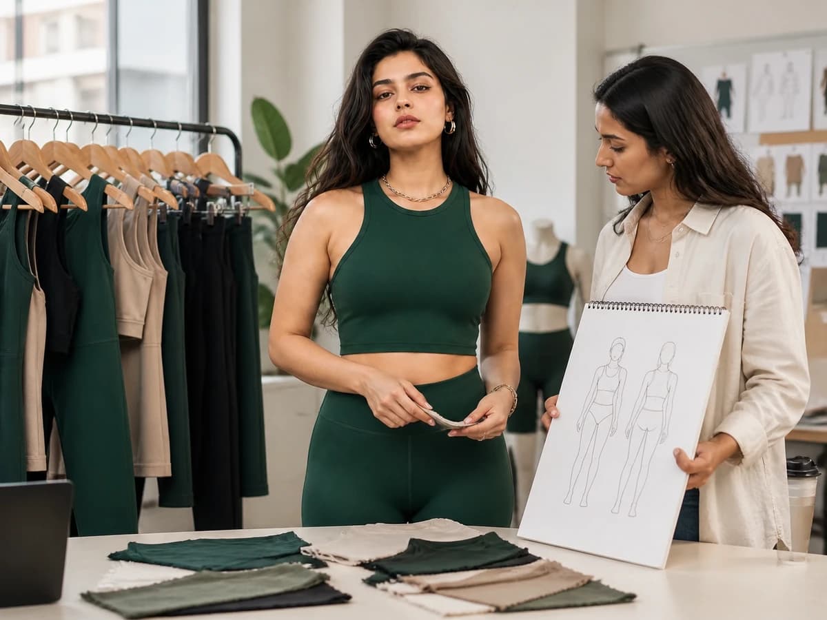 Women's activewear founder reviewing coordinated garments and sketches with a product developer