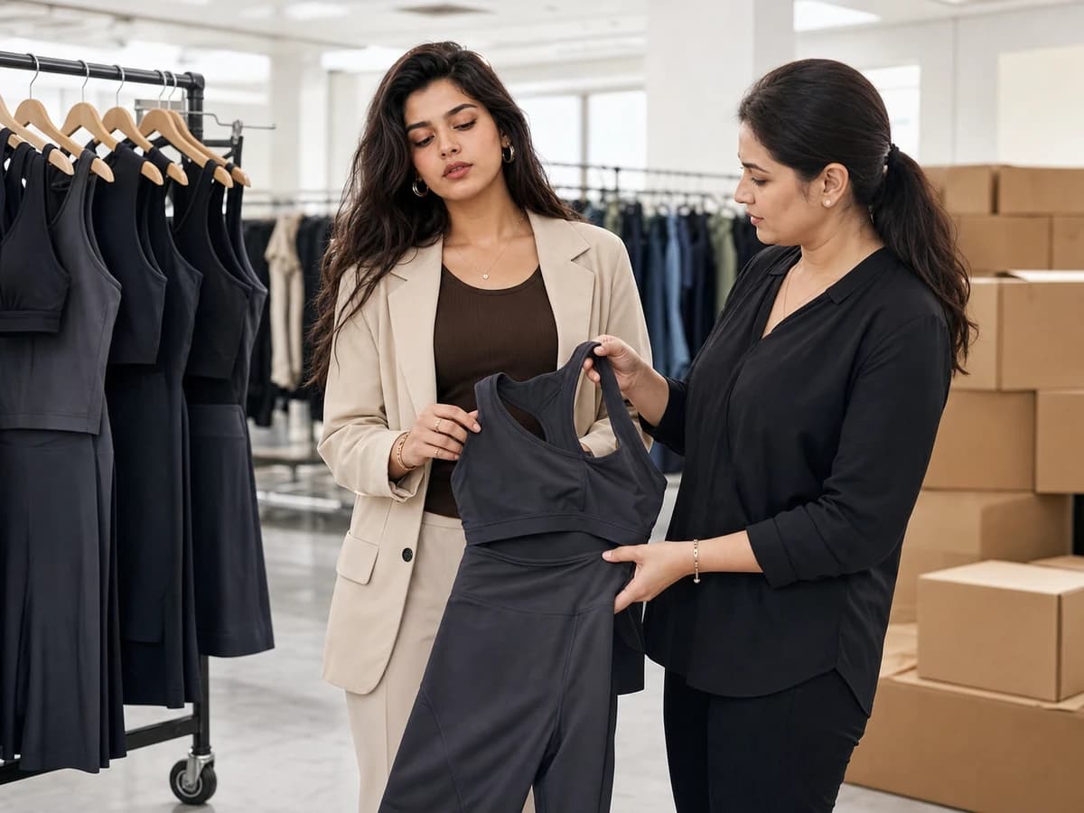 Distributor inspecting women's activewear in an export-ready showroom