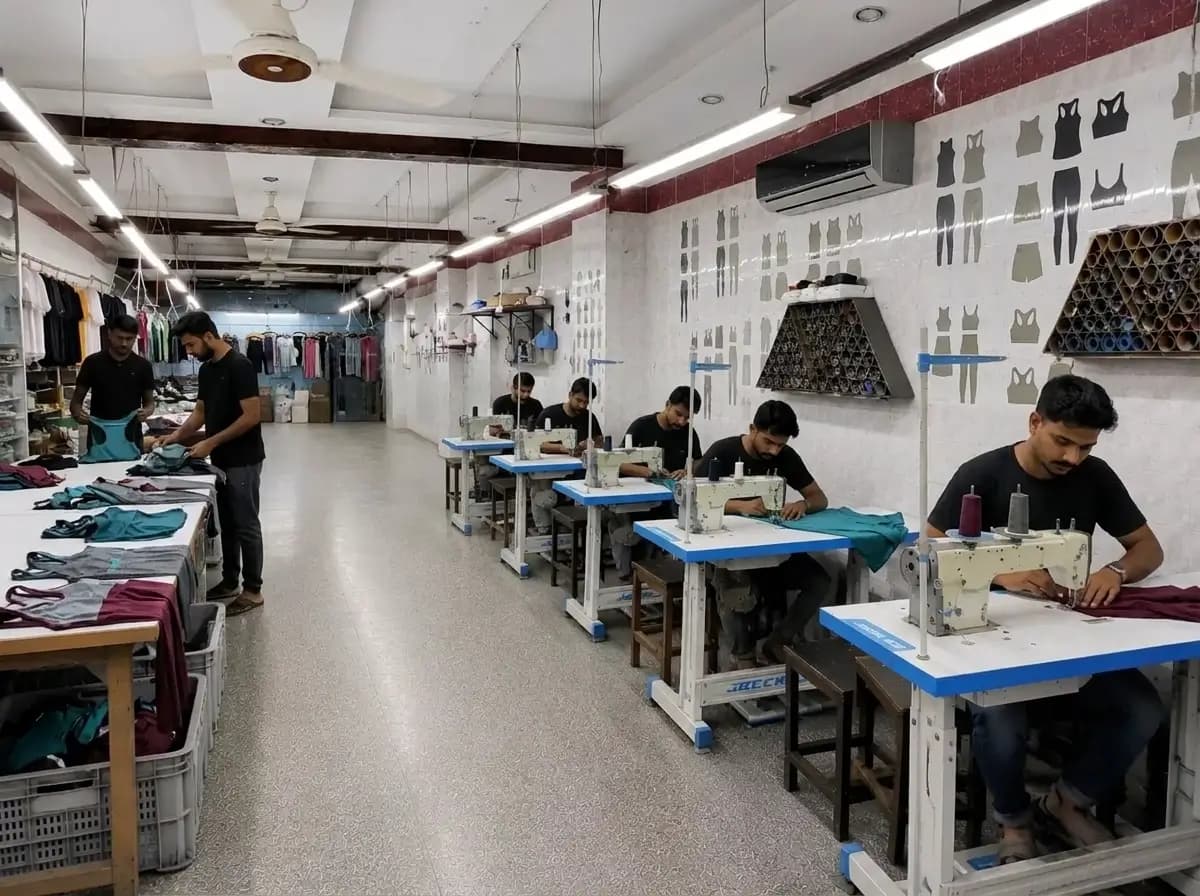 GenXport activewear production floor sewing legging panels
