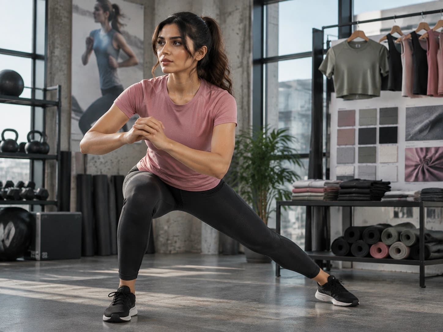 Model training in a performance women's tee beside a fabric board