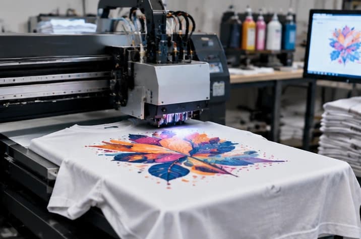 DTG printer laying a detailed print onto a cotton tee