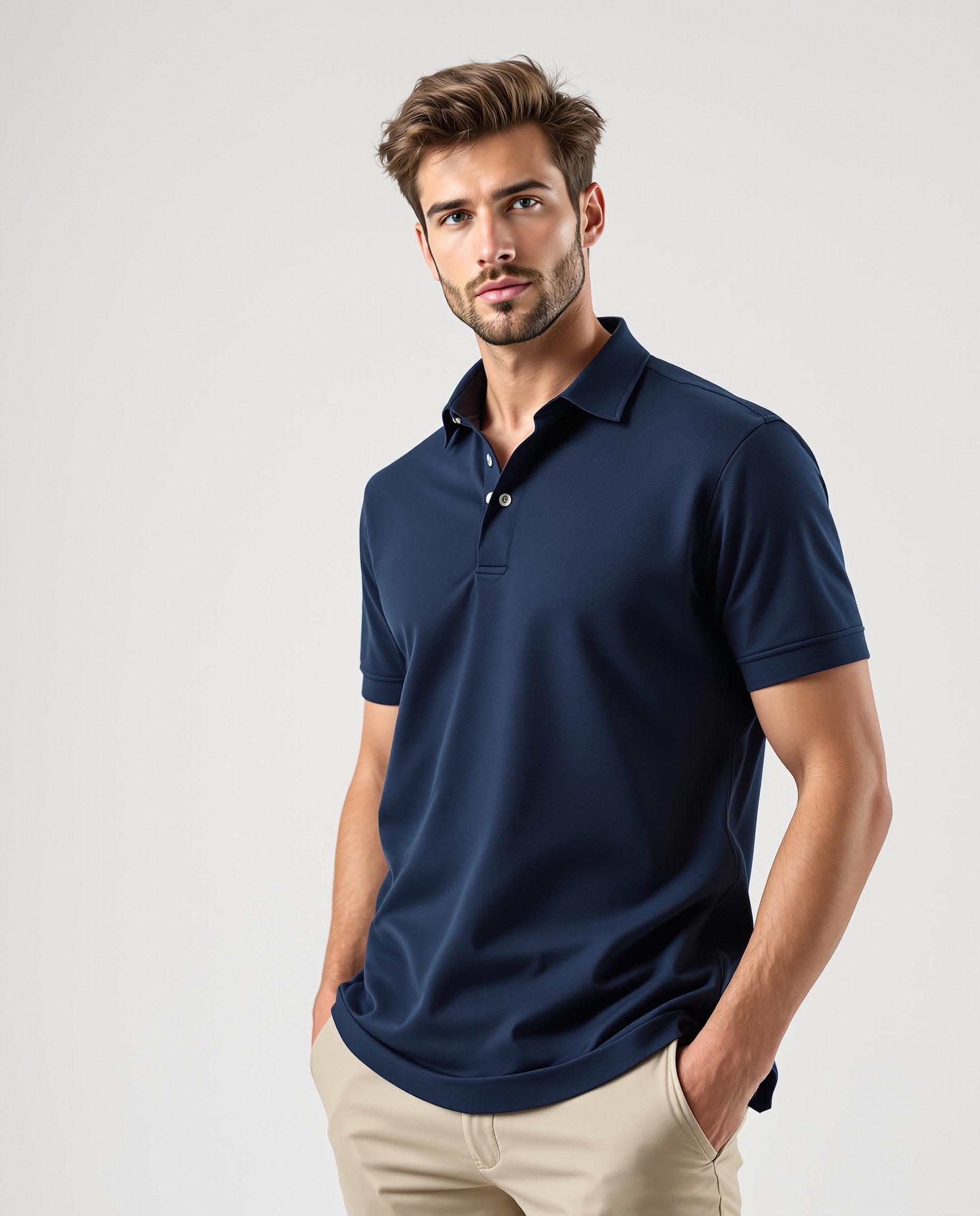 Model wearing polo shirt and chinos