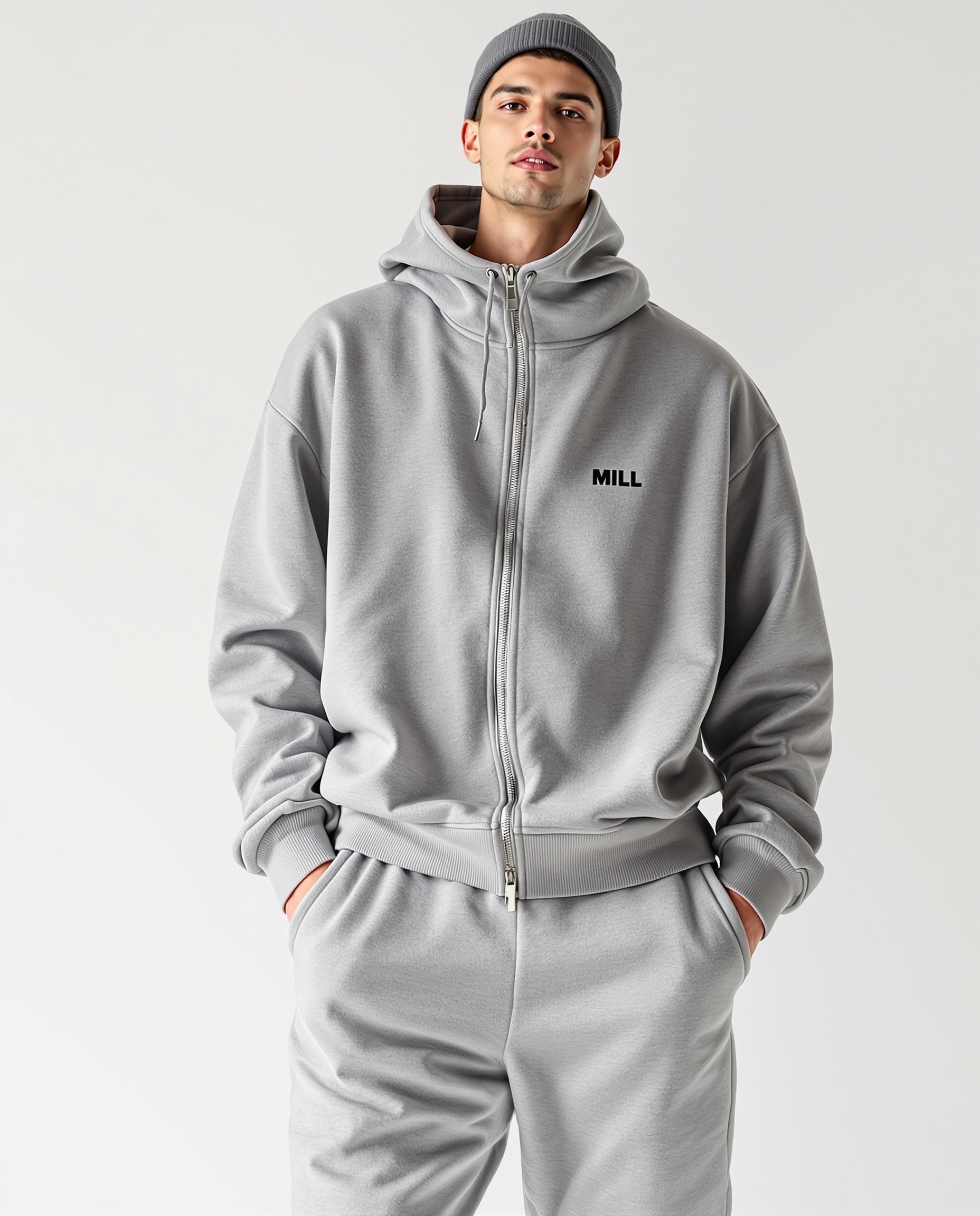Model wearing tracksuit set
