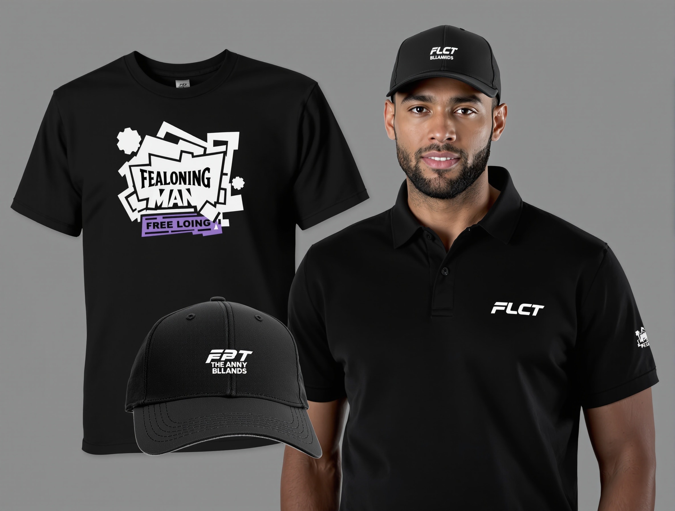 Complete branded apparel set with matching caps