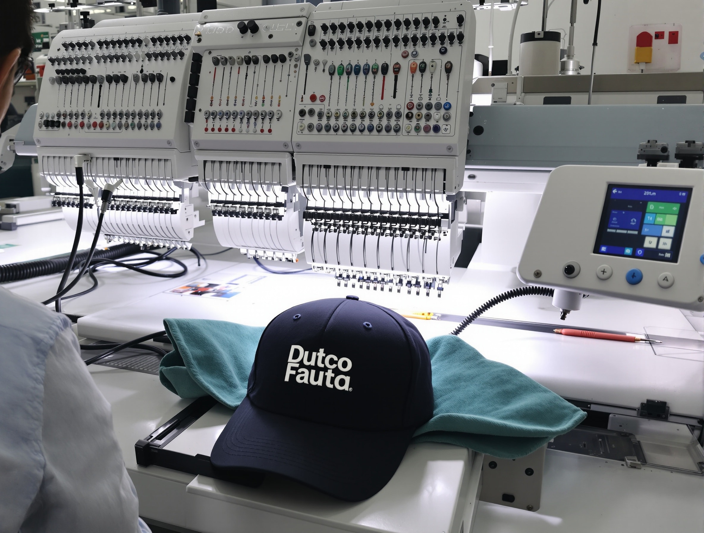 Embroidery machine applying logos to caps