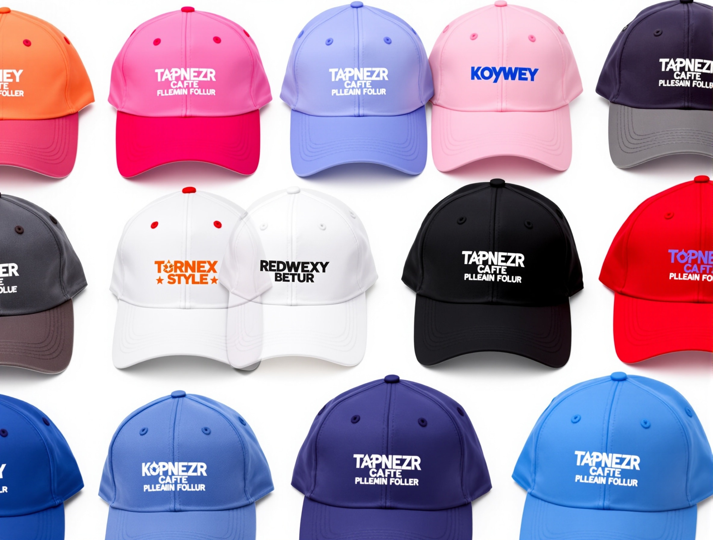Collection of branded caps showing color consistency